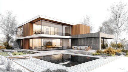 Obraz premium 3D rendering of a modern cozy house with parking and a pool for sale or rent featuring a wood plank facade Black line sketch with soft light shadows on a white background