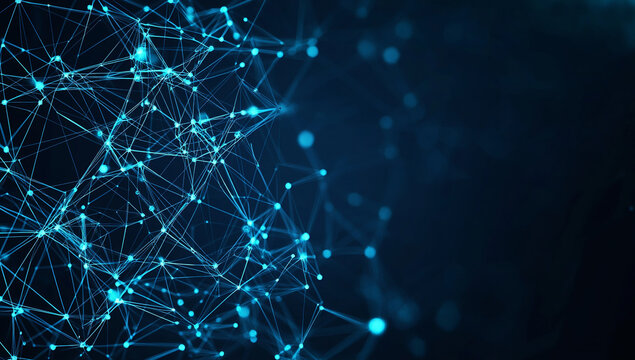 Abstract technology background with blue glowing dots and lines on a navy blue gradient background, a connection network concept for business or science,a digital technology concept.