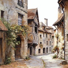 Fototapeta premium Medieval French Towns: A Whimsical Watercolor Scene - Fine Art Print