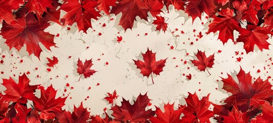 Canada Day. Artistic red maple leaves. Textured deep red background. For art prints, posters, or Canada-themed designs. Illustration, horizontal format.
