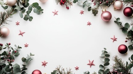 Elegant Christmas Flat Lay with Ornaments - A minimalist Christmas flat lay featuring pastel ornaments, gold stars, and fresh eucalyptus leaves on a white background.