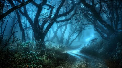Dark Misty Forest with Winding Path