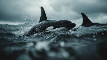 Fototapeta premium A powerful depiction of an orca breaking the surface of a stormy sea, with dramatic, dark clouds looming overhead, creating an intense and captivating marine scene.