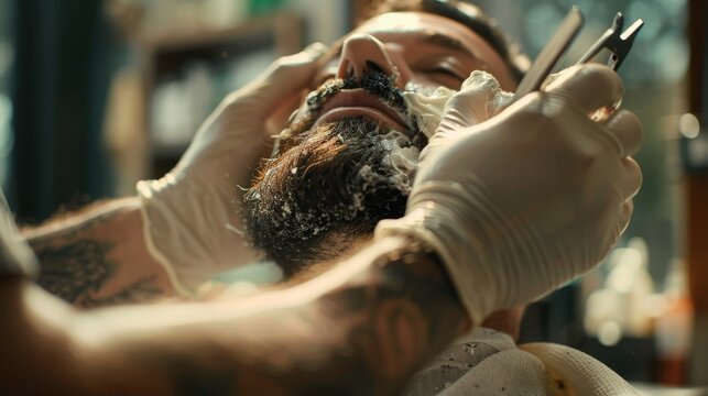 Barber's Hands in Gloves Shaping Client's Beard with Precision.
