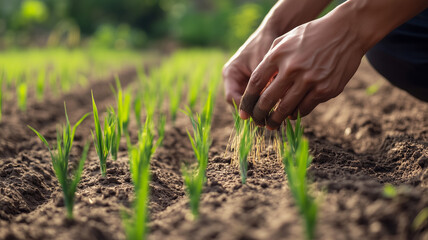 Close-up shot of hands sowing rice into a flourishing paddy field, embodying the essence of rural agriculture. Ai generated