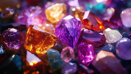 Colorful gemstones of various sizes and shapes, displayed closely together, showing natural beauty and unique patterns. Perfect for decoration.