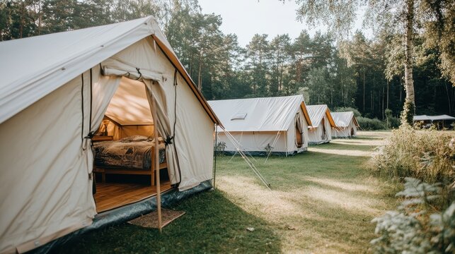 Comfortable, spacious tents equipped with beds, set up in a forested camping area, ideal for a cozy and unique glamping experience in the heart of nature.