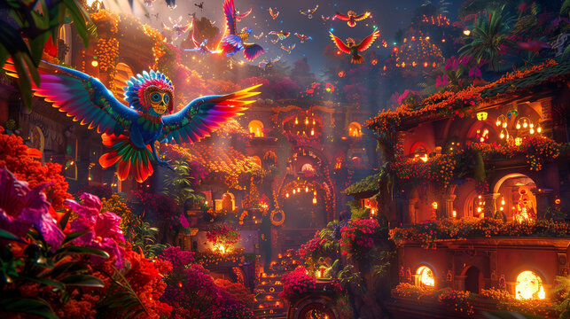 Alebrijes Flying Over the Land of the Dead: A scene with colorful alebrijes soaring above a vibrant Land of the Dead, filled with glowing flowers and illuminated buildings. With co