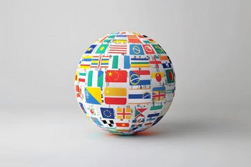 Fototapeta premium A high-definition flat lay of a gigantic globe with multiple country flags and speech bubbles containing country and language symbols.