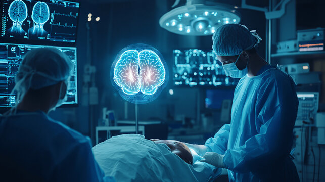 Doctor surgeon and neurologist use robotic and medical technology diagnose and examine patient brain with intelligence software. AI, Innovation, Science and technology digital medical , Generative AI.