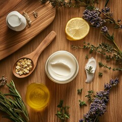 Fototapeta premium Nourishing Your Skin: Natural Body Lotion Flat Lay with Ingredients 1