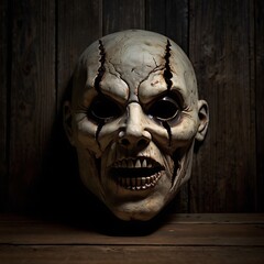 Naklejka premium Haunting Halloween Mask on Rustic Wooden Table