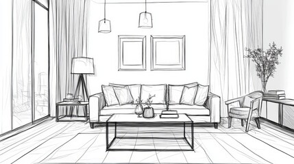 Graphic black and white sketch of a living room home interior vector illustration