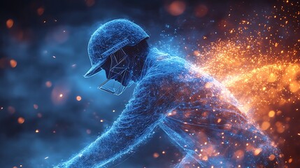 Digital blue low poly cricket player with glowing data streams AI in sports analytics, player performance tracking systems, match prediction algorithms, and training programs. wireframe player design