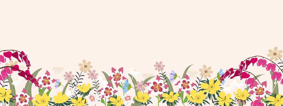Spring Flower,Winter Aconite,Bleeding Heart,Columbine on Background,Horizontal banner floral pink, yellow, red blooming flower, leaves border frame.Vector illustration Summer botanical flat design