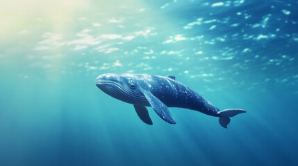 Fototapeta premium A baby whale swims in blue water, having fun. --ar 16:9 --v 6.1 Job ID: b5525e78-b087-4a63-a889-b8af1ab5a597