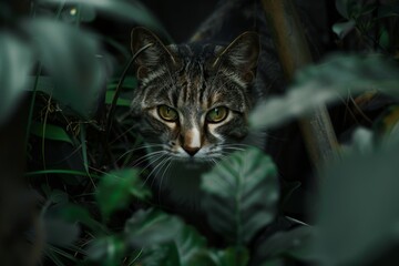 Cat Sneaking Through Garden at Night with Glowing Eyes and Stealthy Movement
