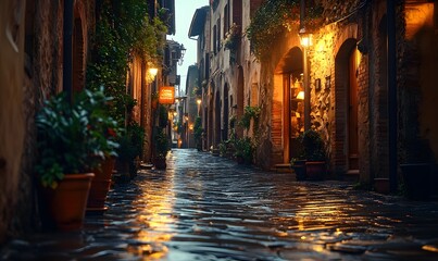 A Wet Cobblestone Street in a Medieval Italian Town at Dusk