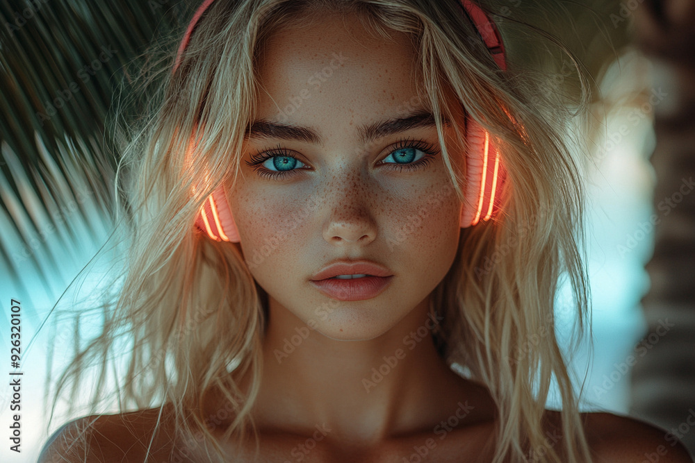 Poster beautiful woman with blue eyes wearing headphones