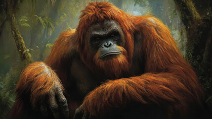 Fototapeta premium A big, smart ape that only lives on the island of Borneo. It has reddish-brown fur, long arms, and likes to be alone. --ar 16:9 --v 6.1 Job ID: 3f736eb3-a9cd-4ad3-bf1c-1f5435cbc5b9