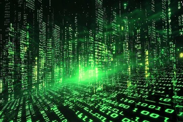 Green Dark Binary Code with Data Streaming Background created with Generative AI