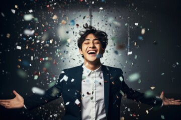 Cheerfully smiling confetti adult celebration.