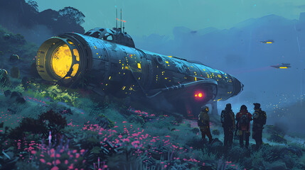 Adventurers are exploring an abandoned spacecraft in a surreal alien world at sunset, enveloped by glowing plants. The setting is filled with intrigue and a sense of new findings