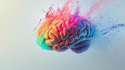 A brain is shown in a violent explosion, with rainbow powder splashing out of it , on white background , Generative AI