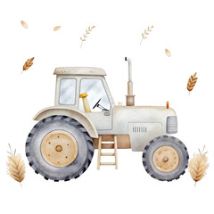 Farm tractor watercolor illustration for kids clothes and prints isolated clipart