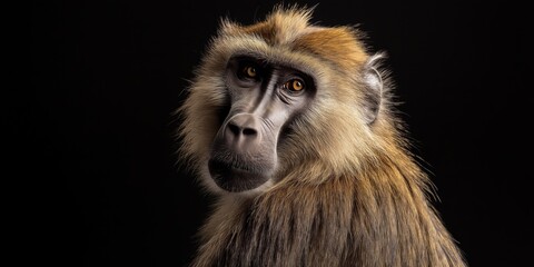 Obraz premium Photo of an baboon isolated against a black background, emphasising the baboon's majestic features. Wildlife and conservation concept, space for copy.
