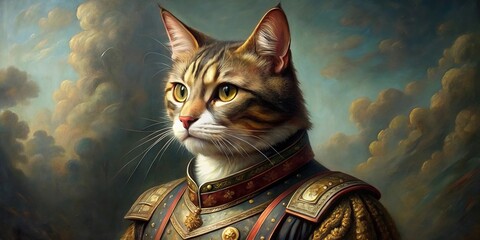 Classic oil painting of a military cat in renaissance style, cat, military, clothing, art, painting, renaissance, vintage