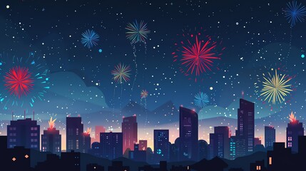 Fototapeta premium Vibrant fireworks light up the night sky above an illuminated city skyline, creating a festive and celebratory atmosphere.