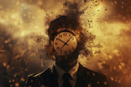 Surreal artwork of a man with an exploding clock as a head, symbolizing time pressure, stress, and the concept of time management.
