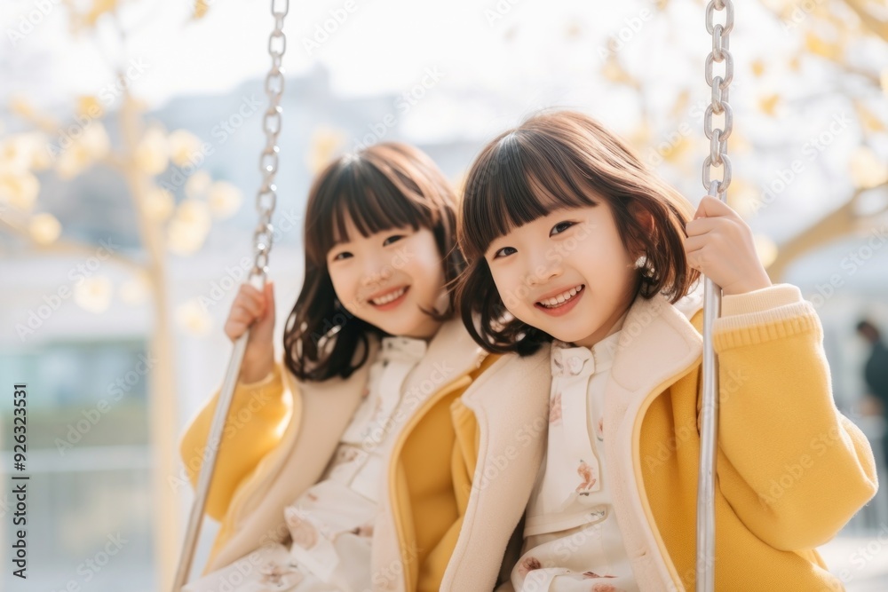 Poster Japanese little girls people child swing.