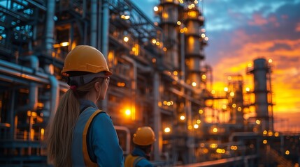 An industrial scene capturing two workers at a factory during sunrise or sunset. The worker in the foreground, wearing a yellow hard hat and safety vest