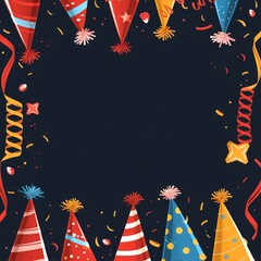 Obraz premium Festive frame with colorful party hats and confetti, perfect for celebrations and invitations.