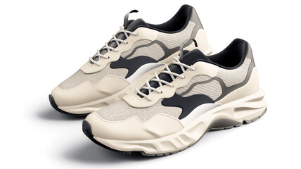 Elegant beige and black athletic sneakers with chunky soles isolated on a clean white background for sportswear fashion. High quality photo