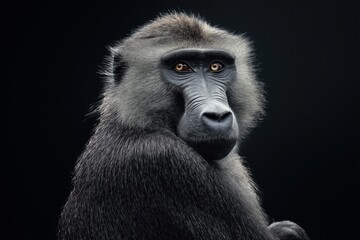 Fototapeta premium Photo of an baboon isolated against a black background, emphasising the baboon's majestic features. Wildlife and conservation concept, space for copy.