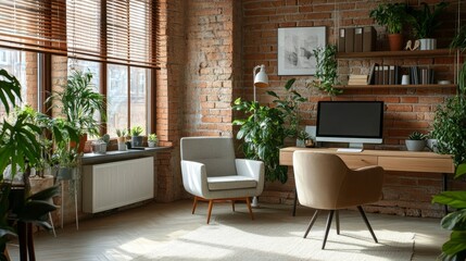 New interior design of a stylish living room with modern armchairs and a workplace