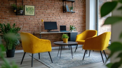 New interior design of a stylish living room with modern armchairs and a workplace