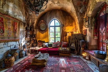 Obraz premium Ancient Castle Secret Room with Treasures, Tapestries, and Armors