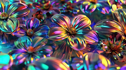 Crystal-like flowers with rainbow reflections on a dark background