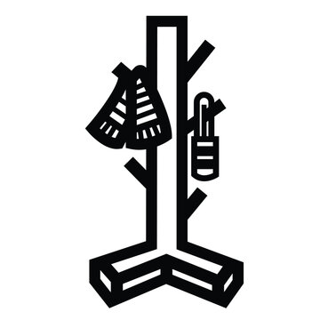 recommend clip art: Coat rack with hanging scarf and small bag icon illustration isolated on square white background. Simple flat outlined cartoon art styled drawing.