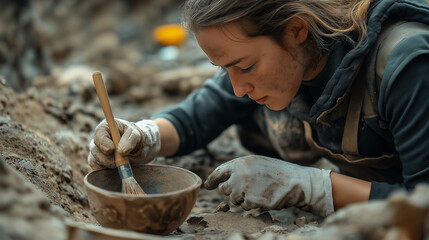 archeologist cleaning a piece of pottery with a brush on an archaeological site
