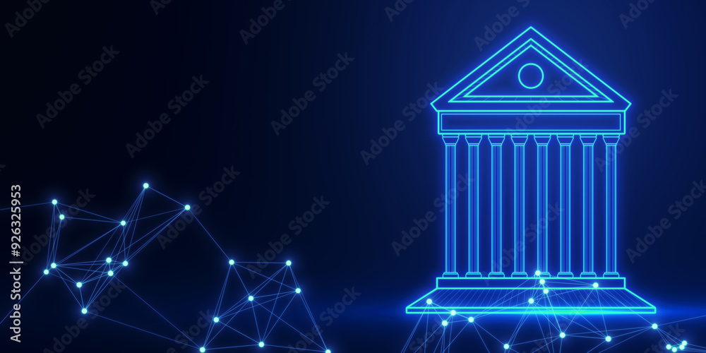 Poster digital hologram of a bank building on a dark blue background. 3d rendering