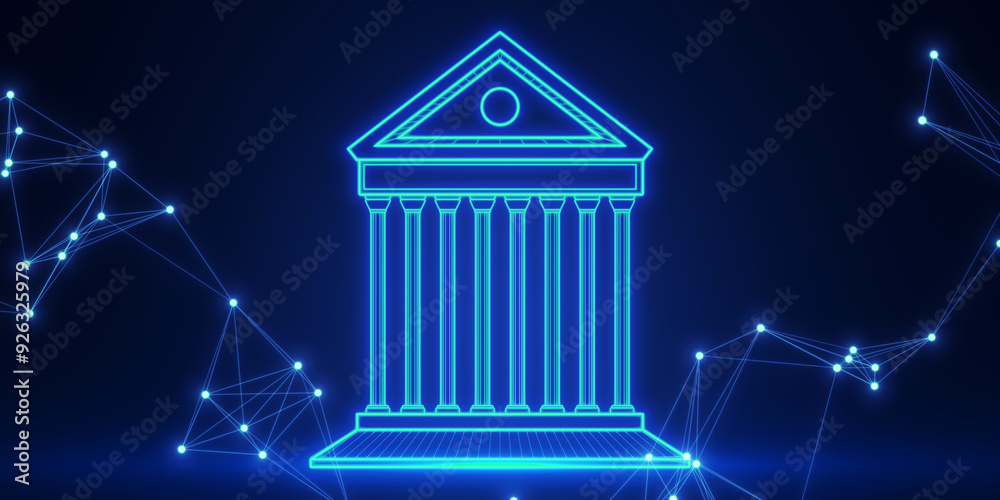 Aufkleber digital hologram of a bank building with blue wireframe lines on dark background. 3d rendering