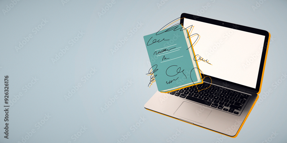 Poster Open laptop with floating notebook and scribbles on blank screen. 3D Rendering