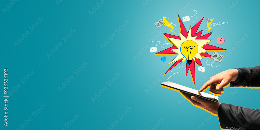 Poster businessman using tablet with pop art lightbulb and icons on blue background, concept of technology 