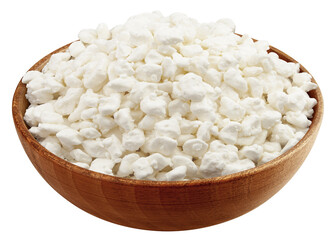 Cottage Cheese, Curd in wooden bowl, isolated on white background, full depth of field