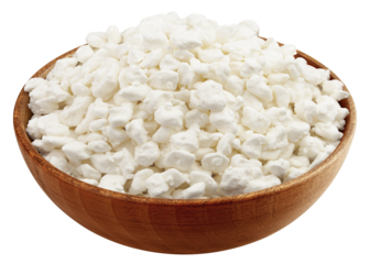 Cottage Cheese, Curd in wooden bowl, isolated on white background, full depth of field